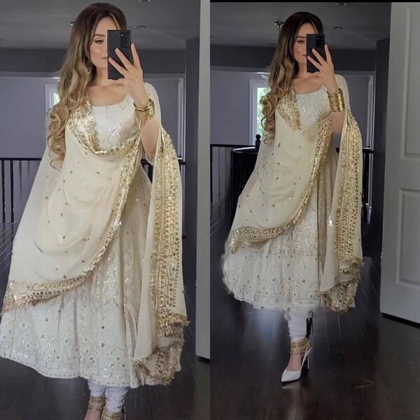 Ontwerper mooie geborduurde Georgette lange witte Anarkali pak set, 3-delig kant-en-klaar pak voor vrouw, Indiase outfits kant-en-klaar voor vrouwen