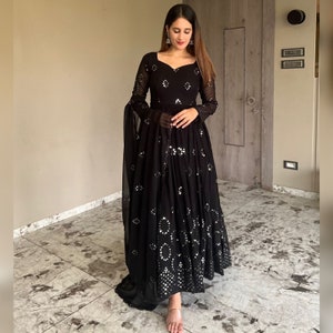 Indian Premium Georgette Black Color Long Flared Embroidered work Gown Pant with Dupatta set , Fully Stitched Readymade Women Anarkali Suit