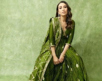 Bollywood Inspired Karishma Kapoor full flared long Green Satin Georgette Anarkali Kurta Pant & Dupatta, 3 piece Readymade Partywear Suit