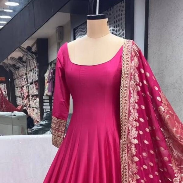 Traditional Straight Long Flared 2PC Anarkali dress for women , Partywear Stitched Anarkali Kurti with Dupatta set , Readymade Pink Anarkali
