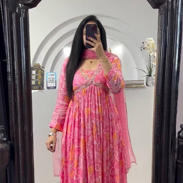 Pakistani Georgette Designer Printed Anarkali Kurti with Dupatta Set , Partywear Readymade 2 PC Anarkali Suit , Women Wedding Dress