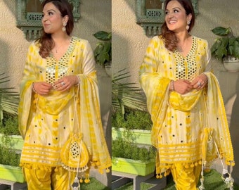 Yellow Punjabi Dhoti Salwar Kameez With Heavy Embroidery Work For Women, Ready To Wear Stitched Salwar Suit, Indian Wedding Suits , patiala