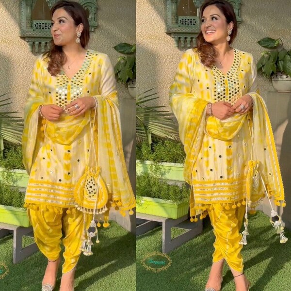 Yellow Punjabi Dhoti Salwar Kameez With Heavy Embroidery Work For Women, Ready To Wear Stitched Salwar Suit, Indian Wedding Suits , patiala