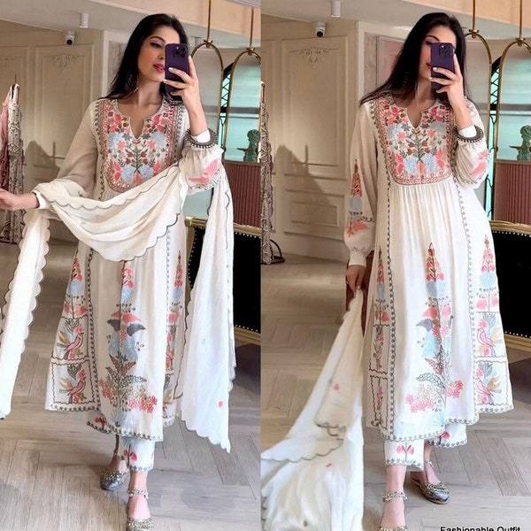 Prachtige Indiase ontwerper bloemengedrukte vrouwen Kurti plazzo met Dupatta, Georgette geborduurde reekswerk Salwar Kameez Set voor vrouwen