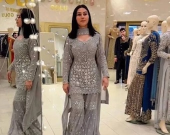 Premium Designer Women Georgette Kurti With Sharara with Dupatta Set, Partywear Readymade Women Sharara Suit. Women Kurti With Sharara