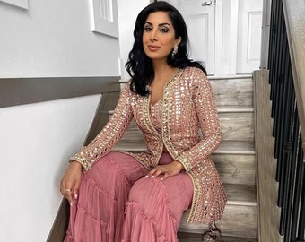 Short Choli et palazzo roses de créateur d'inspiration Bollywood, 3 pièces brodées Salwar kameez pakistanaises, ensemble palazzo haut de gamme rose haussement d'épaules