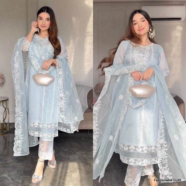 Schwerer pakistanischer Readymade-Seiden-Salwar Kameez mit Dupatta-Set, Partykleidung Georgette 3-teiliger Salwar-Anzug für Frauen, genähte Kleider
