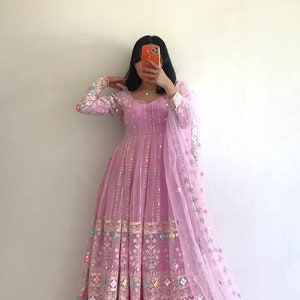 Indian Designer Embroidered Long Flared Peach Anarkali Gown Pant with Dupatta Set, Beautiful Stitched Georgette Pink Anarkali Suit For Women