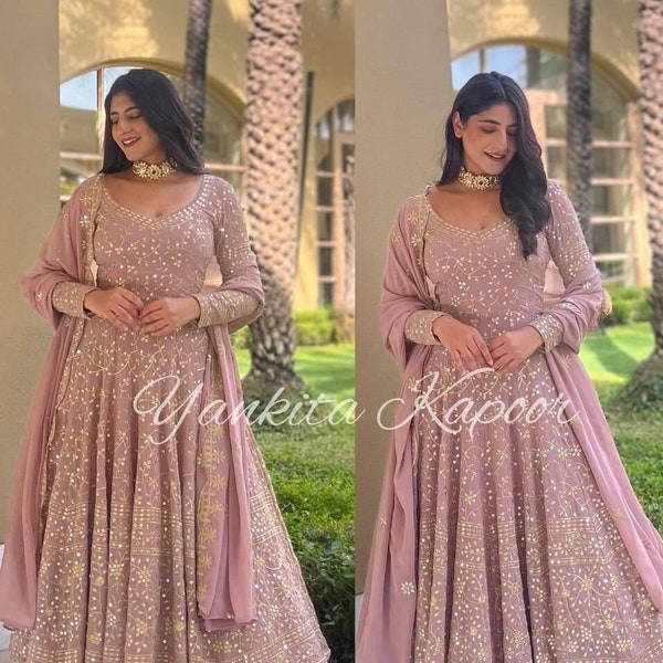 Robe longue brodée lourde de créateur indien avec Georgette Lehenga Dupatta, tenues de soirée/mariage Lehenga surpiquées pour femmes/filles