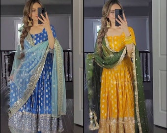 Heavy Designer Partywear Georgette Anarkali Kurti Pant with Dupatta set , Readymade Wedding Dress for women , Salwar kameez Yellow Dresses