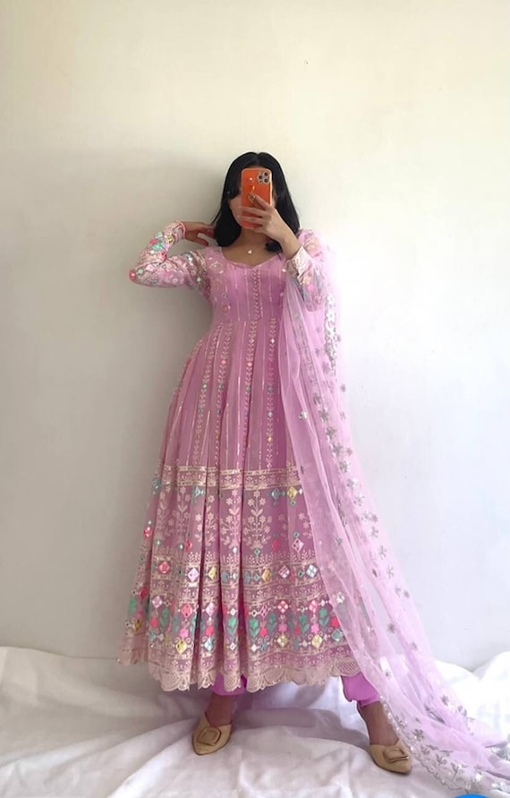 Light Peach Sequence Embroidery Wedding Anarkali Suit - Hijab Online