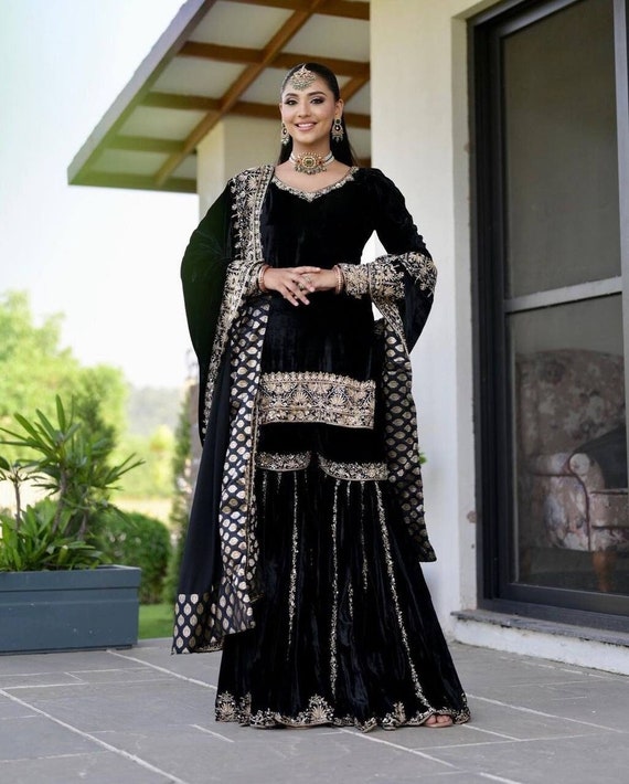 Kvsfab Women Black Sequin Embroidered Kurti with Sharara & Dupatta -  Absolutely Desi