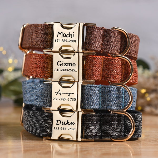 Brown Tweed Personalized Dog Collar,Custom Engraved Pet Name Metal Buckle,Puppy Birthday Gift,Boy Dog Collar,Quick Release Buckle Collar