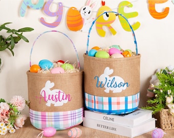 Personalized Name Easter Basket,Embroidered Easter Bunny Basket,Kids Bunny Basket with Name,Easter Egg Hunt Basket,Easter Gift for Kid
