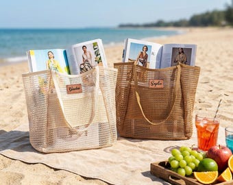 Personalized Beach Tote Bag, Sandproof Nylon Mesh Tote,Bridesmaid Gifts,Summer Shoulder Bag for Girls Trip Vacation Gifts,Bachelorette Gifts