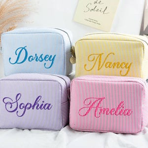 Seersucker Makeup Bag,Embroidered Name Toiletry Bag, Make Up Bag, Bridesmaid Gifts, Custom Cosmetic Bag, Gift for Her, Bridesmaid Makeup Bag