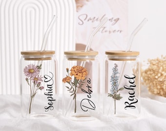 Custom Birth Flower Tumbler With Name, Bridesmaid Proposal, Birth Flower Glass, Coffee Cup, Mothers Day, Gifts for Her , Party Favor