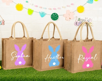 Custom Jute Easter Bag: Personalized Bunny Egg Hunt Tote Bags,Easter Basket,Easter Gift Bags,Easter Bags for Girls Boys