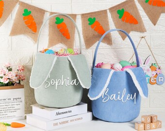 Personalized Corduroy Easter Basket,Embroidered Easter Bunny Basket,Kids Bunny Basket with Name,Easter Egg Hunt Basket,Easter Gift for Kid