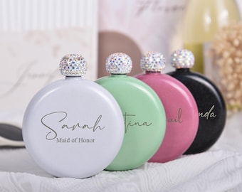 Personalized Stainless Steel Flask, Custom Women's Flask with Name,Round Hip Flask, Bridesmaid Gift, Bachelorette Party Flask, Birthday Gift