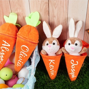 Könnte beinhalten: Orange Plüsch-Karottenbehälter mit grünen Oberteilen und weißen Buchstaben mit Namen. Zwei Plüschhasen sitzen in orangefarbenen Karottenbehältern. Ein Korb enthält Ostereier und Karotten.