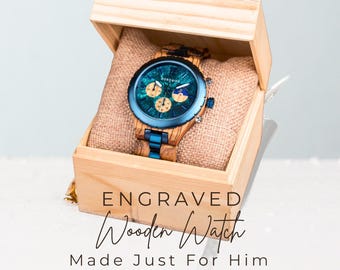 Personalized Wood Chronograph Timepiece for Men, Engraved Wristwear, Anniversary Present for Husband
