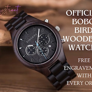 Engraved Bobo Bird Wooden Watch: Chronograph Quartz Wristwatch