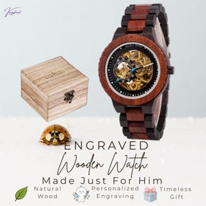 Engraved Mechanical Wood Timepiece, Skeleton Dial Mens Wristwear, Custom Anniversary Present for Husband