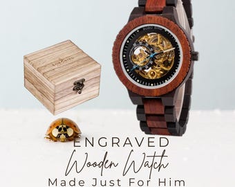 Engraved Mechanical Wood Timepiece, Skeleton Dial Mens Wristwear, Custom Anniversary Present for Husband
