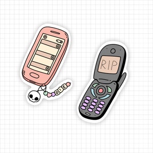 May include: Two stickers featuring mobile phones. One is a pink smartphone with a charm strap displaying a skull and beads spelling DIE. The other is a grey flip phone with the text RIP on the screen. Both have black outlines and white borders.