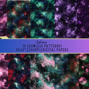Könnte beinhalten: 15 digitale Papiermuster mit Galaxie-Motiven in den Farben Rosa, Lila, Grün und Blau. Die Muster sind nahtlos und 12 Zoll mal 12 Zoll groß bei 300 DPI.