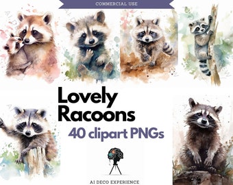 Enchanting Nocturnal animals: 20 Watercolor Racoon Clipart - Instant Download for DIY and commercial crafts, Nursery Decor, and Scrapbooking