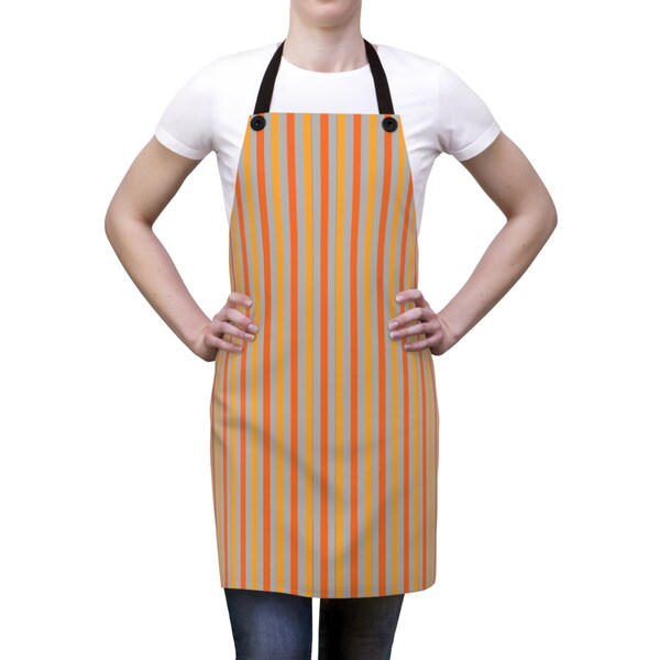 Apron (AOP)grey, orange and yellow stripes, kitchen accessories, food preparation, protective garment, cooking apparel, cook, chef, baker