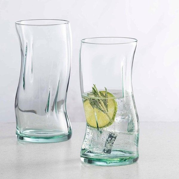 Hohes gewelltes ästhetisches Trinkglas für Housewarming-Geschenke Wellig Recyceltes Glas-Getränketrinkglas Klar / Türkis Farbverlauf