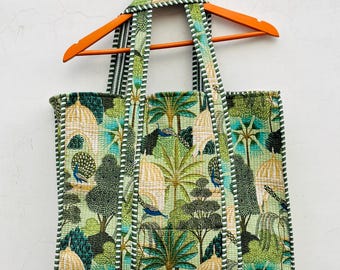 Embroidered Cotton Quilted Tote Bag: Block Print Floral Weekender