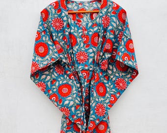 Floral Cotton Kaftan Dress: Indigo Blue Hand Block Print