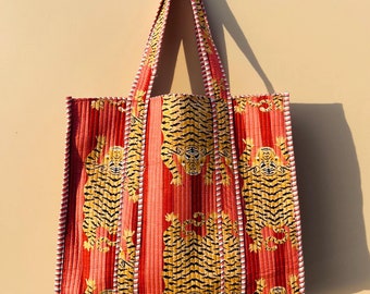 Tiger Print Quilted Cotton Tote Bag: Handmade Boho Market Bag