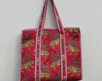 Tiger Print Cotton Quilted Tote Bag: Handmade Boho Market Bag