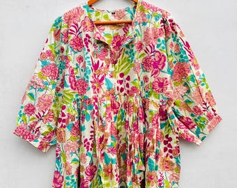 Floral Block Print Cotton Dress: Bohemian Midi Mini Dress
