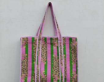 Tiger Print Cotton Quilted Tote Bag: Handmade Boho Market Bag
