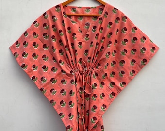 Floral Cotton Kaftan Maxi Dress: Indian Hand Block Print Sleepwear