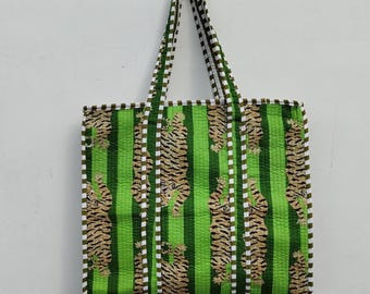 Tiger Print Cotton Quilted Tote Bag: Handmade Shopper