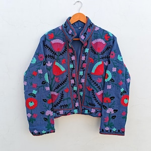 Blue Suzani Embroidered Jacket: Handmade TNT Cotton Short Coat