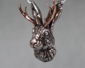 Sterling Silver Jackalope Pendant Necklace with Bronze Antlers Highly Detailed Mythological Creature Rabbit Bunny Hare cryptid Mystical Lore