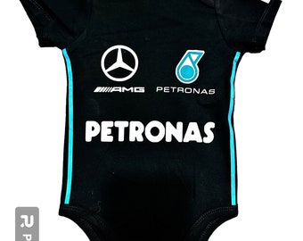 Baby Personalised Bodysuit | Formula 1 Racesuit | Personalised Mercedes Bodysuit | Supercar Race car Bodysuit | Haniilton Russell Verstappen