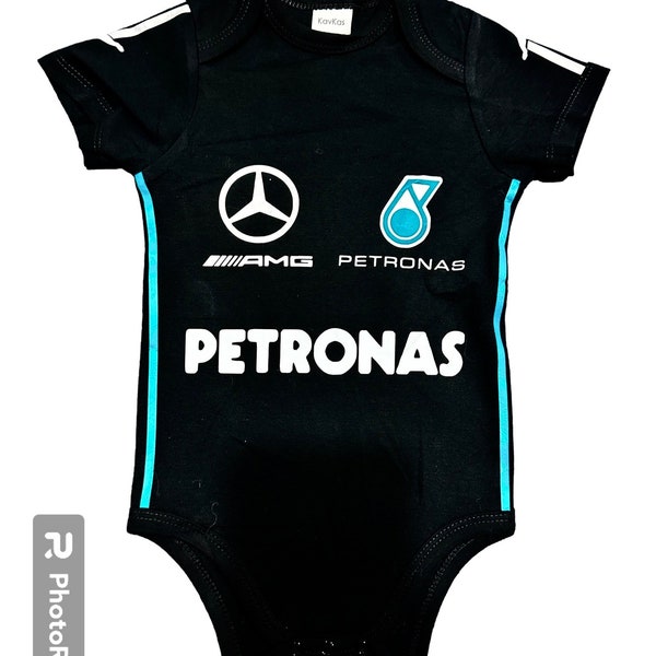 Baby Personalised Bodysuit | Formula 1 Racesuit | Personalised Mercedes Bodysuit | Supercar Race car Bodysuit | Haniilton Russell Verstappen