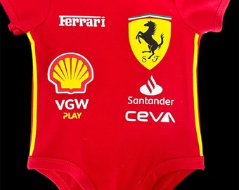 Baby gepersonaliseerde Romper | Formule 1 racepak | Gepersonaliseerde Ferrari-bodysuit | Supercar raceauto bodysuit | Leclerc Sainz Verstappen