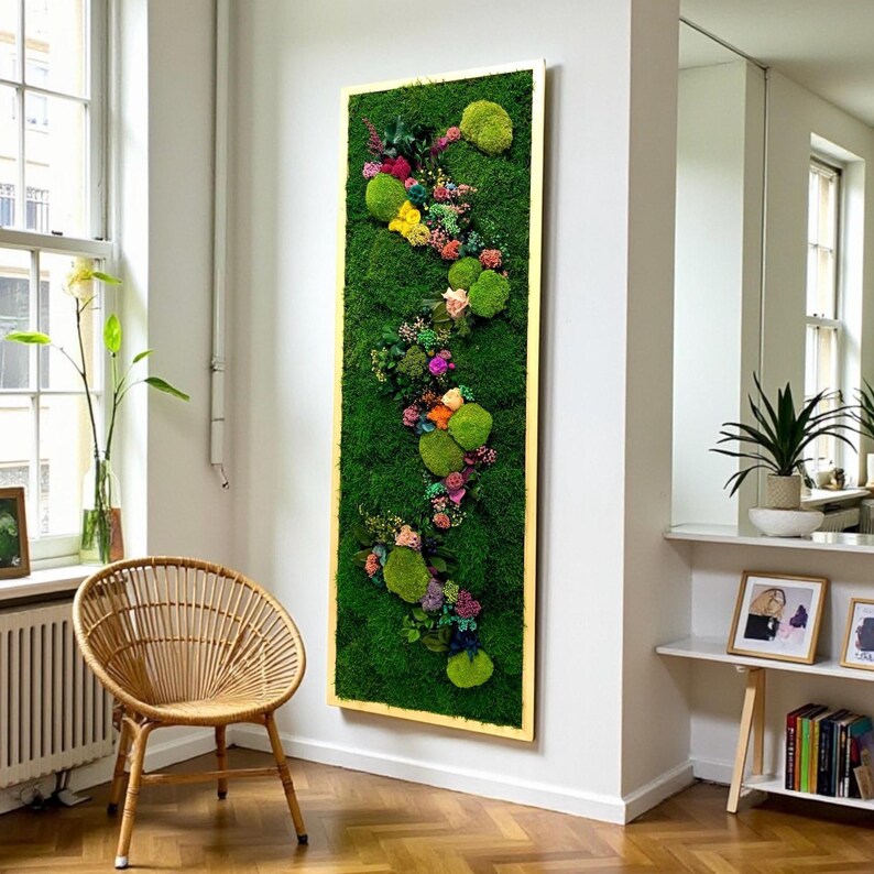Handmade preserved moss art combined with natural plants. A vibrant green statement that lasts for years.