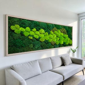 Può includere: Una grande opera d'arte murale rettangolare caratterizzata da una densa disposizione di muschio preservato in varie tonalità di verde, che vanno dal verde bosco profondo al verde lime brillante, racchiusa in una semplice cornice in legno chiaro.