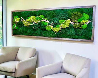 Modern Moss Wall Panel, Handmade Preserved Moss and Driftwood Wall Art, Nature Inspired Home Decor - Biophilic Living Room Artwork